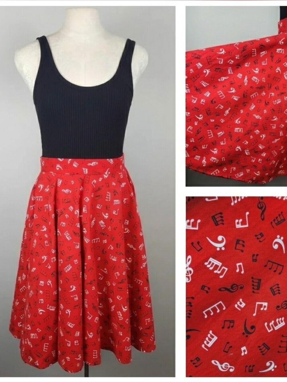 Red Circle Skirt Music Notes Size S Jazz Band Blues Artsy Singer Songwriter